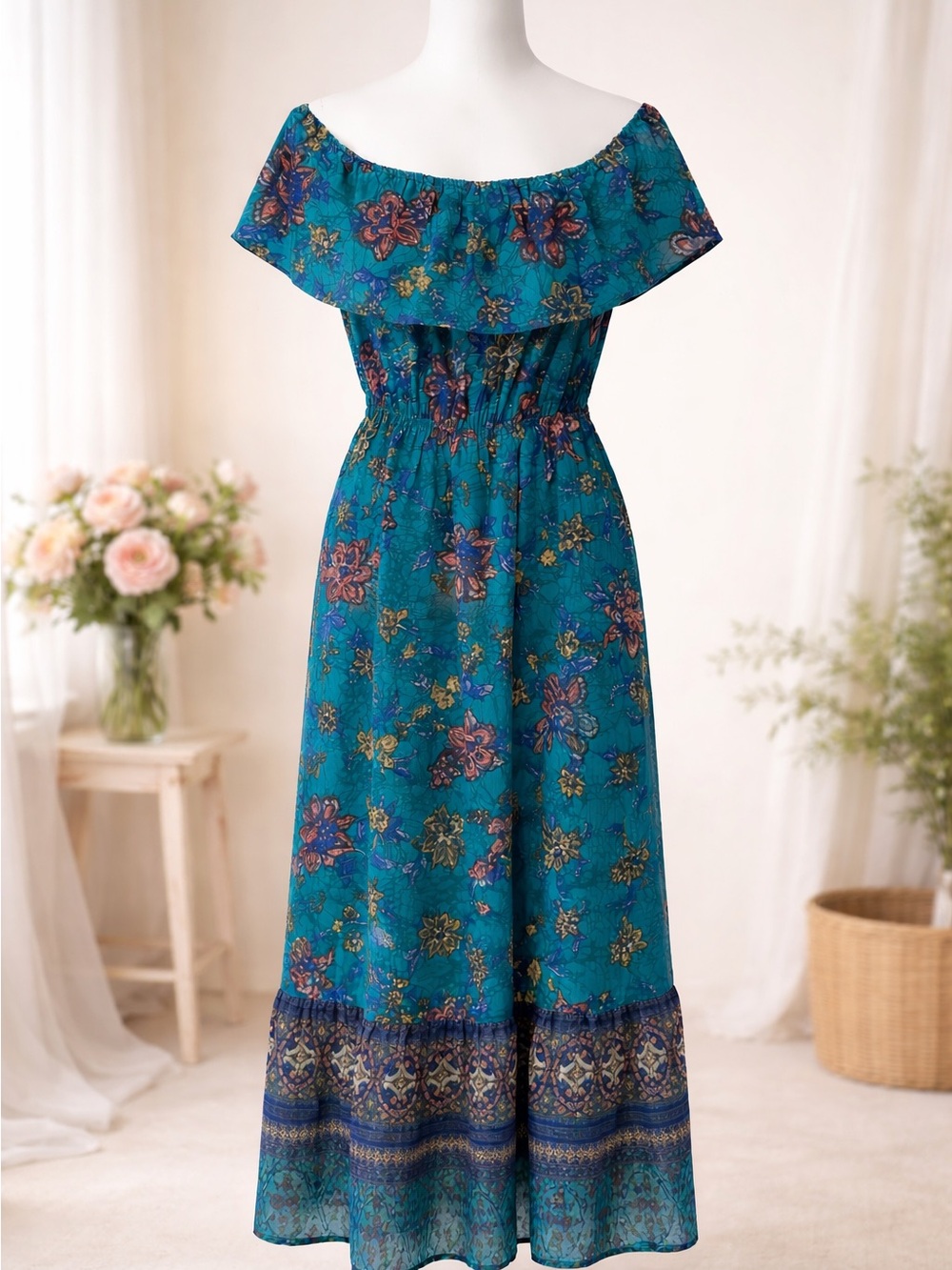 Maurice’s Teal Floral Off-Shoulder Maxi Dress